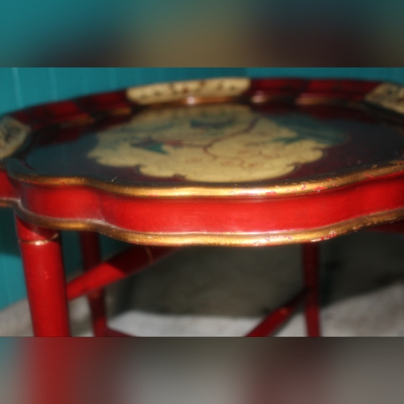 19th Century Scalloped Paper Mache Hand Painted Tray Bamboo Tea Table - Picture 12 of 16